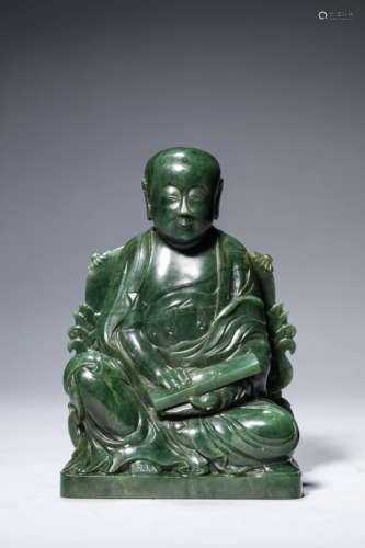 A Spinach-Green Jade Guru Statue