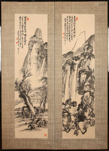 吴昌硕 山水屏风 纸本水墨屏风