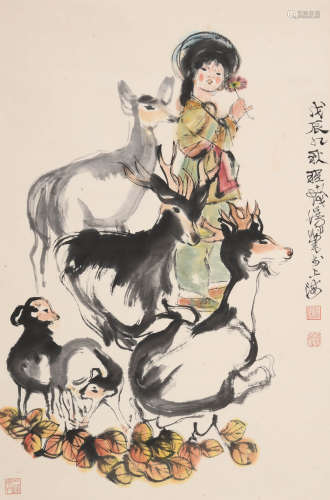 程十发(1921-2007)少女与羊
