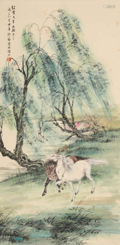 孔小瑜(1889-1984)柳荫双骏