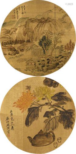 管延芬(1797-?)、周闲(1820-1875)山水花卉二帧