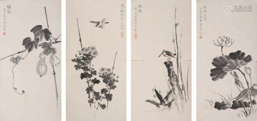 谈月色(1891-1976)花鸟四帧