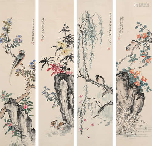 胡汀鹭(1884-1943)花鸟四屏