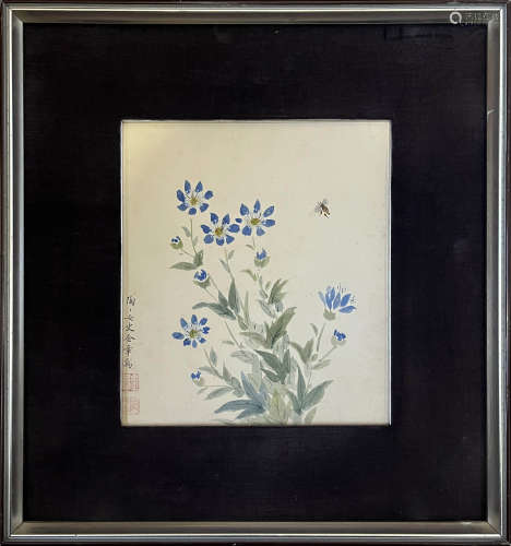 金章 花卉蜜蜂 设色绢本镜框
