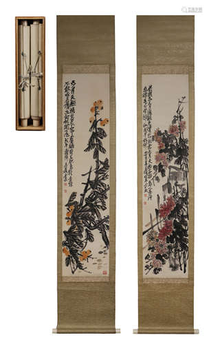 A Set Of Two Chinese Flower Paintings On Paper, Hanging Scro...