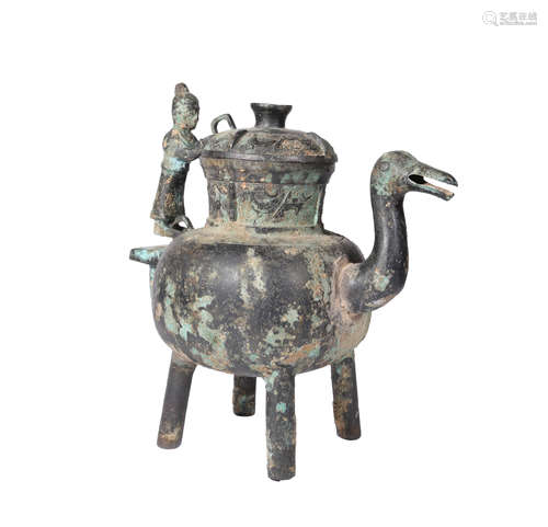 A Bronze Bird-Shaped Wine Vessel And Cover