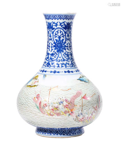 A Blue And White Famille Rose Bottle Vase