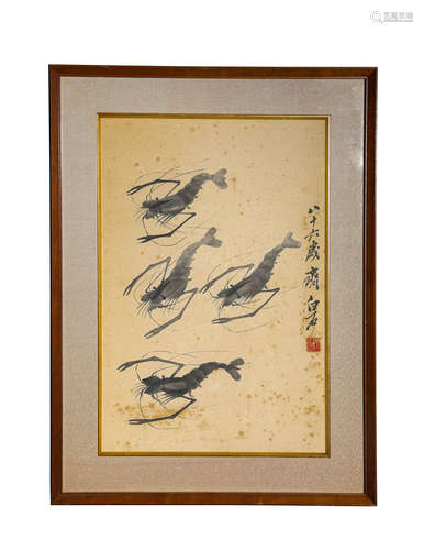 A Chinese Shrimp Painting On Paper, Mounted And Framed, Qi B...