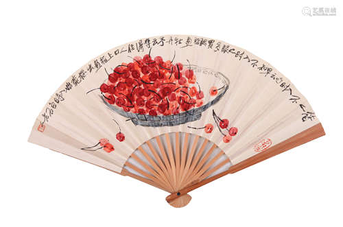 A Chinese Cherry Painting On Paper, Folding Fan, Qi Baishi M...