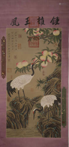 A Chinese Crane And Peach Painting On Silk, Hanging Scroll, ...