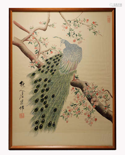 A Chinese Peacock Painting On Silk, Mounted And Framed, Tang...