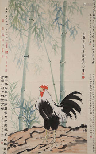 A Chinese Rooster Painting On Paper, Hanging Scroll, Xu Beih...