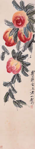 A Chinese Peach Painting On Paper, Hanging Scroll, Qi Baishi...