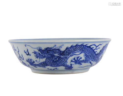 A Blue And White Doucai Dragon Basin