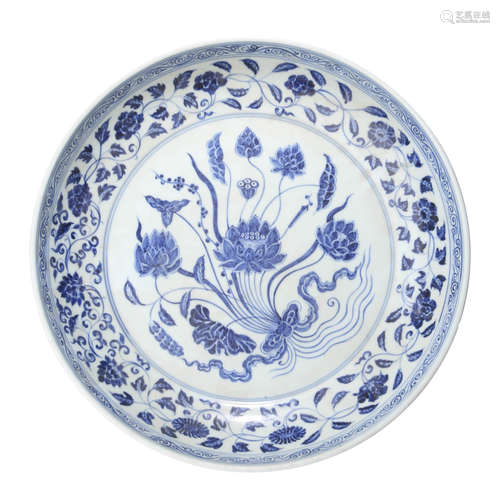 A Large Blue And White Lotus Dish