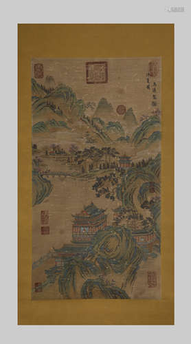 A Chinese Landscape And Figure Painting On Silk, Hanging Scr...