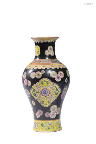 A Black-Ground Famille Rose Flower Vase