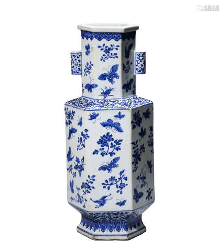 A Blue And White Butterfly And Flower Hexagonal Vase