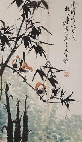 A Chinese Sparrow And Bamboo Painting On Paper, Hanging Scro...