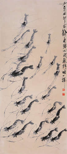 A Chinese Shrimp Painting On Paper, Hanging Scroll, Qi Baish...