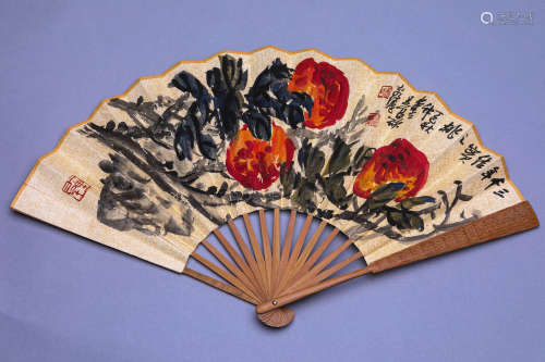 A Chinese Peach Painting On Paper, Folding Fan, Wu Changshuo...