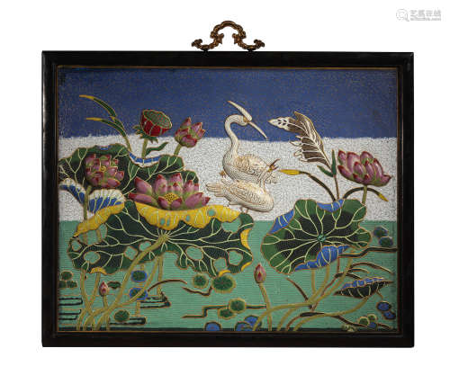 A Cloisonné Enamel Egret And Lotus Pond Panel