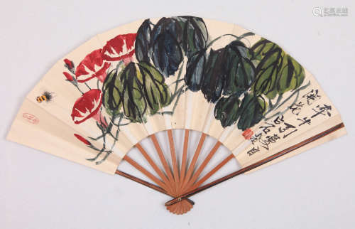 A Chinese Flower Painting On Paper, Folding Fan, Qi Baishi M...