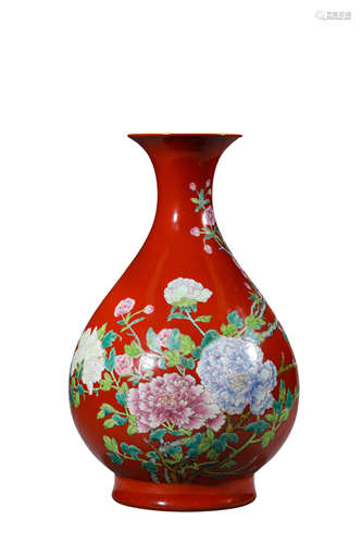 A Coral-Red Famille Rose Flower Pear-Shaped Vase