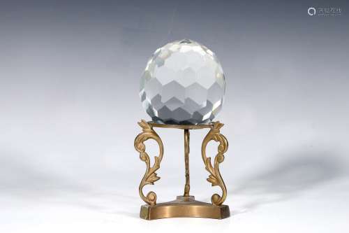 Heavy Facted Crystal Ball Paperweight With Brass Stand