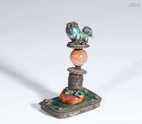 Chinese Enamel Lion with Agate Ball Bronze Ornament