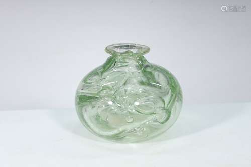 Art Glass Green Vase Bottle Artist Signed