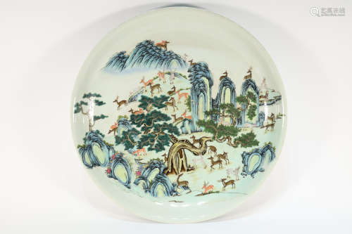 Famille Rose Dear with Landscape Large Porcelain Plate