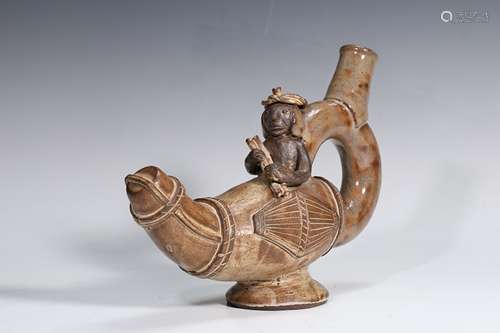 Moche Style Peru Pre-Columbia Stirrup Spout Vessel Signed Sm...