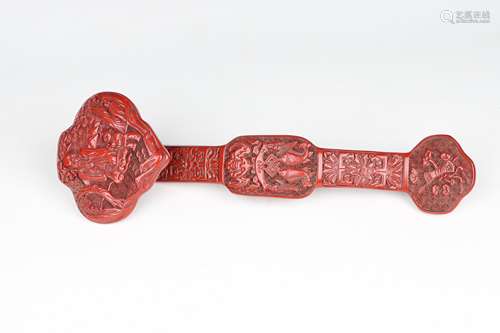 Red Carved Lacquerware Langevity God with Bat & Fish Ruyi Or...