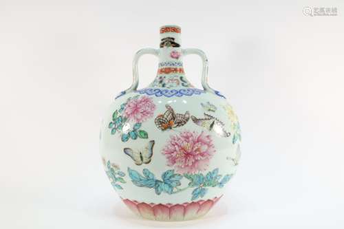 Famille Rose Flower with Butterfly Porcelain Moon Flask