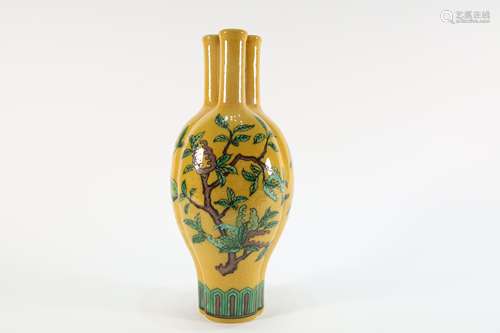 Yellow Base Carved Dragon Fruit Tree Pattern Porcelain Vase