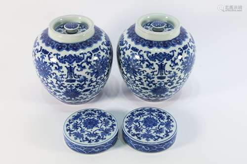 Pair of Blue and White Flower Branch Pattern Porcelain Lid J...