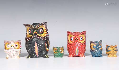 Folk Art Brightly Painted Owl Family Wooden Carved