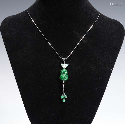 Green Jadeite Gourd Pendant with 14K White Gold Chain Neckla...