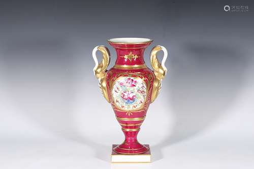 French Empire Style Porcelain Ruby Gold Flowers Swan Handles...