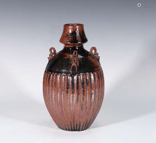 Unique Fluted Ceramic Vase In Reddish Brown Artist Signed