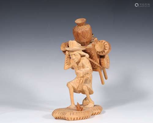 Folk Art Carved Wood Figurine Man Carrying Pack On The Back