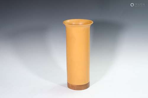 Yellow Ceramic Vase With Wood Base