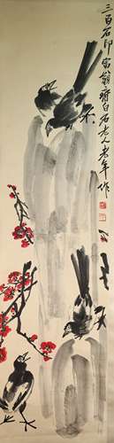 Chinese Magpie with Plum Flower & Rock Painting, Qi Baishi M...