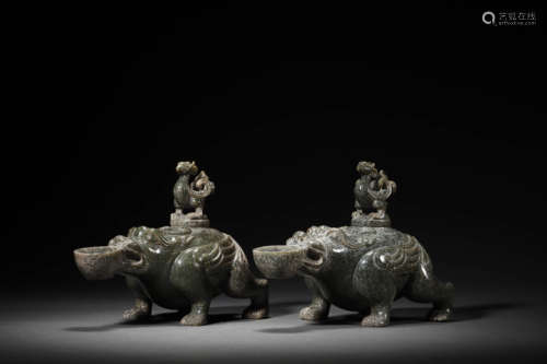 A Pair Of Khotan Jade Mythical Beasts