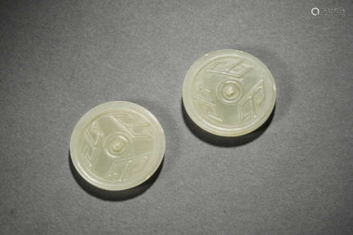 A Pair Of White Khotan Jade Mirror-Shape Plaques