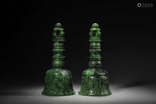 A Pair Of Spinach Green Jade Lotus-Shape Vajra Bells