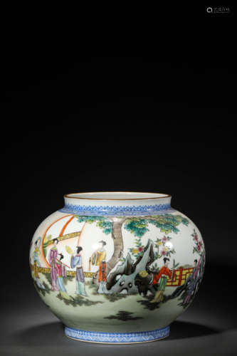 A Famille Rose Figure Story Jar, Qianlong Mark