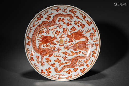 A Large Iron Red Glaze Double Dragon Playing Flaming Pearl P...