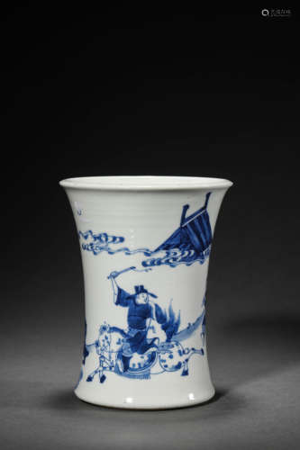 A Blue And White Figure Story Sprayed Mouth-Rim Brush Pot